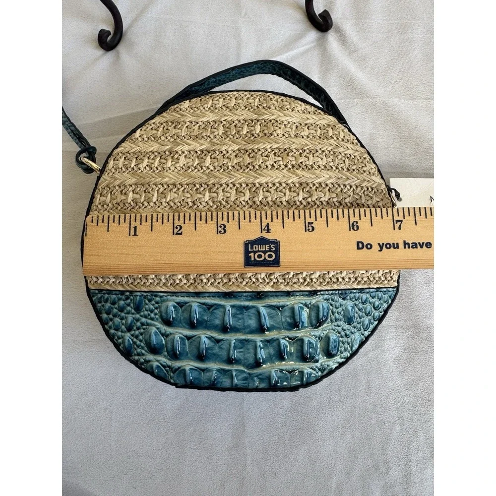 Brahmin Mantle Lane Lagoon Straw Circle Blue Green Leather Crossbody NEW
